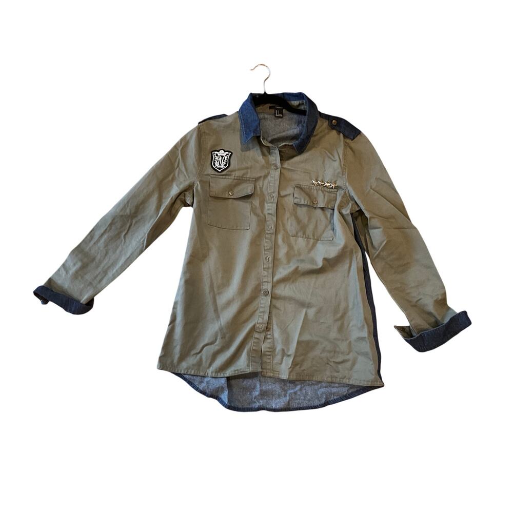 Forever 21 Button-Up Shirt Studded Denim Trim Military Green‎ Blue Womens Size L